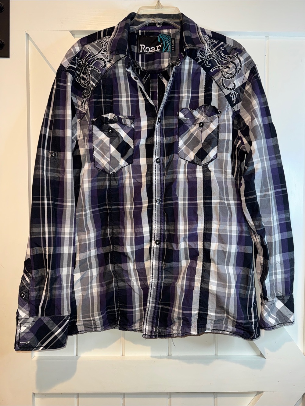 Roar Men's Purple, Black and White Plaid Western Embroidered Button-Down
